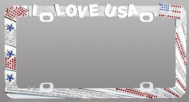 I LOVE USA License Plate Frame Red & Ice Crystal Contours