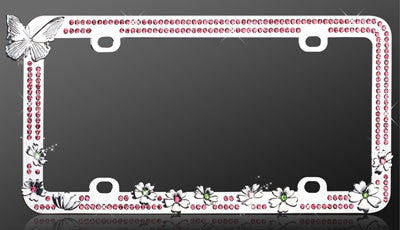 Butterfly and Flowers with Pink Crystal Rhinestones License Plate Frame