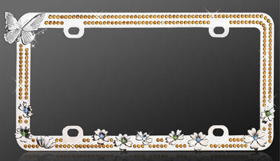 Butterfly and Flowers with Yellow Crystal Rhinestones License Plate Frame