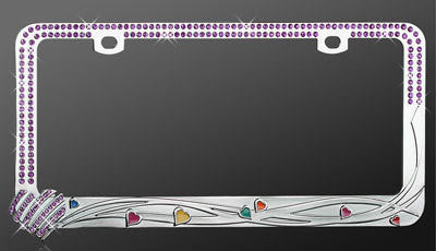 Colorful Mini Hearts with Purple Crystal Rhinestones License Plate Frame