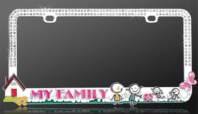 Loving Family Design With Dazzling White Crystals License Plate Frame